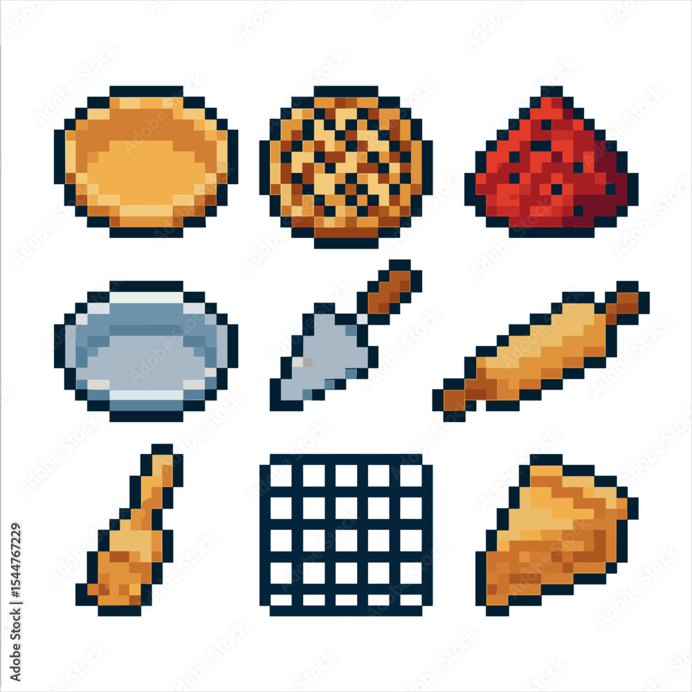 Fototapeta premium Festive Pie Icon Set. Pixel art icon set of festive pie making: pie crust, lattice top, fruit filling, pie dish, pie server,