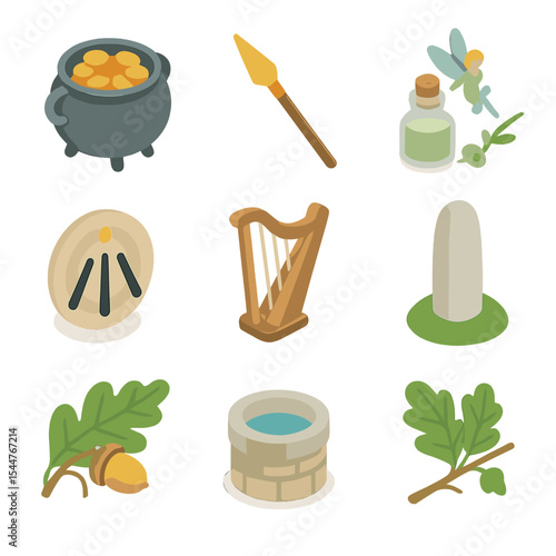 Magical Celtic Icon Set. Isometric Flat icon set of magical Celtic items: Cauldron of Plenty, Spear of Destiny, Fairy ointment,
