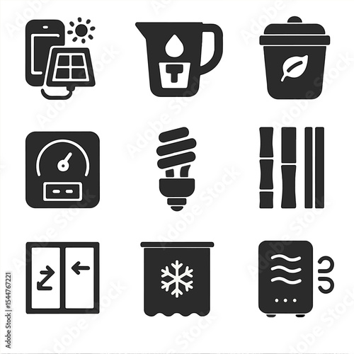 Eco-Friendly Icon Set. Solid, filled icons set of eco-friendly small living: solar charger, water filter,