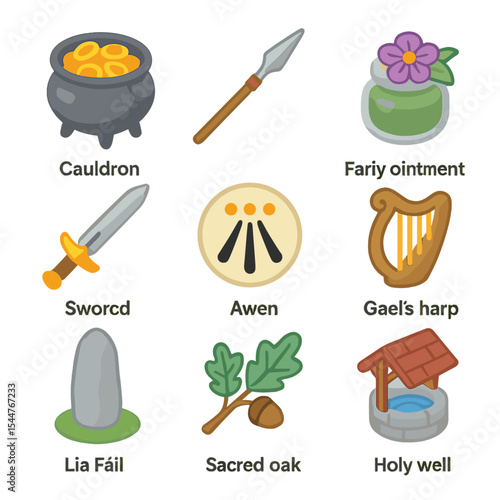 Magical Celtic Icon Set. Isometric Flat icon set of magical Celtic items: Cauldron of Plenty, Spear of Destiny, Fairy ointment,