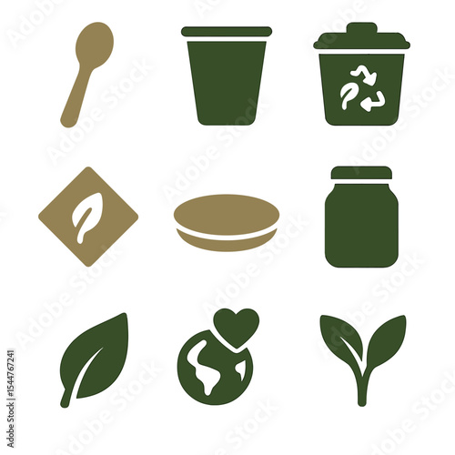 Eco-Friendly Icon Set. Solid, filled icons set of eco-friendly serving: bamboo spoon, paper cup, compost bin,