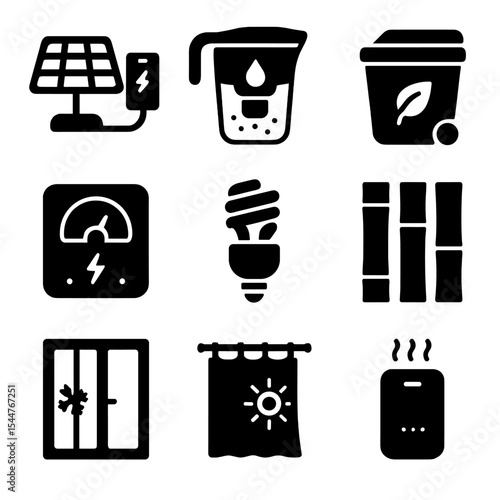 Eco-Friendly Icon Set. Solid, filled icons set of eco-friendly small living: solar charger, water filter,