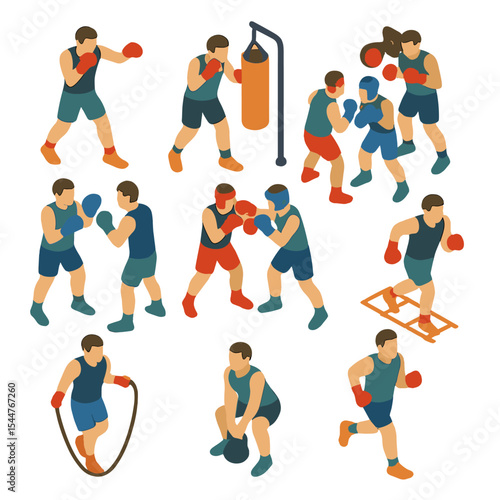 Boxing Drill Icons. Isometric Flat icon set of boxing training drills: shadowboxing, heavy bag, speed bag, focus mitts, sparring,
