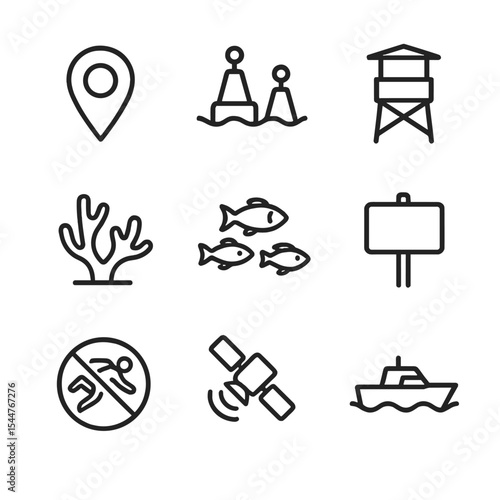 Marine Icon Set. Outline icon set of marine protected areas management: map marker, boundary buoys, guard tower, coral icon, fish