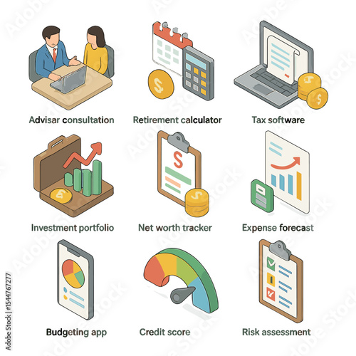 Financial Tools Icon Set. Isometric Flat icon set of financial planning tools: advisor consultation, retirement calculator, tax