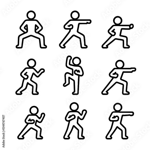 Martial Arts Stance Icons. Outline icon set of fighting stances: horse stance, front stance, back stance, cat stance, crane stance