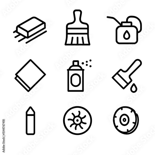 Finishing Process Icons. Outline icon set of finishing processes: sanding block, staining brush, oil can, varnish tin, polishing