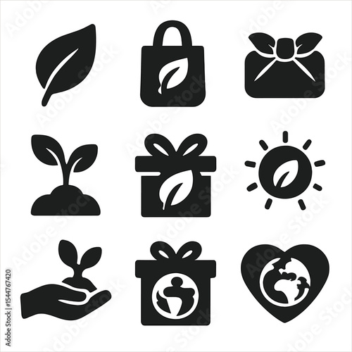 Eco-Friendly Gift Icons. Solid, filled icons set of eco-friendly and sustainable charity gifts: green leaf,