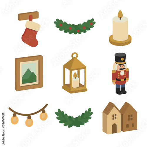 Mantelpiece Decor Icons. Isometric Flat icon set of mantelpiece display: stocking holder, evergreen garland, pillar candle,
