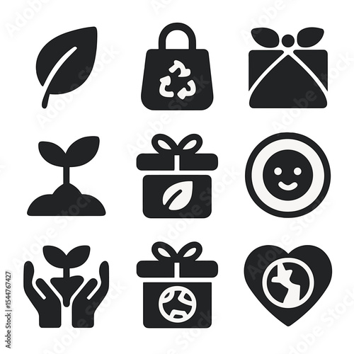 Eco-Friendly Gift Icons. Solid, filled icons set of eco-friendly and sustainable charity gifts: green leaf,