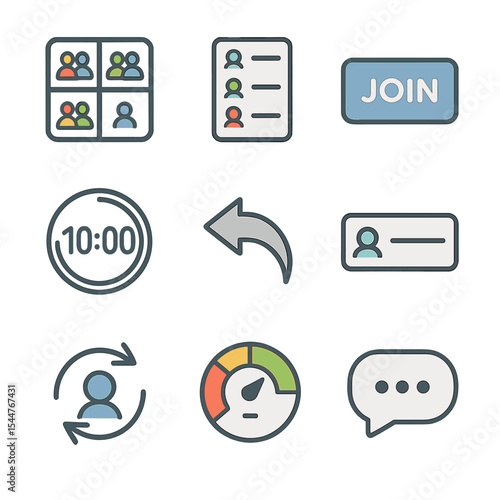 Breakout Room Icons. Isometric Flat icon set of breakout room management: breakout rooms grid, room assignment list, join room