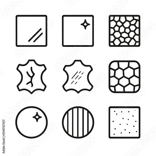 Finish Texture Icons. Outline icon set of solid finishes and textures: matte finish, gloss coating, pebble finish, leather texture