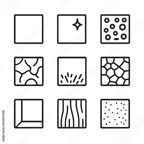 Finish Texture Icons. Outline icon set of solid finishes and textures: matte finish, gloss coating, pebble finish, leather texture