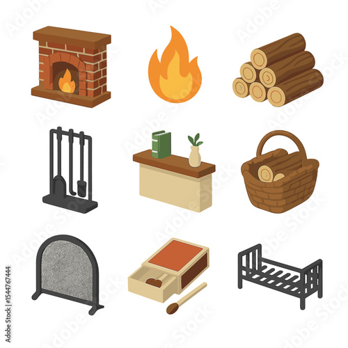 Isometric Fireplace Icons. Isometric Flat icon set of fireplace and hearth: brick hearth, roaring fire, firewood stack, fireplace