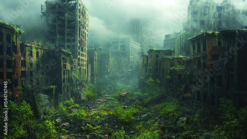 A hauntingly beautiful urban landscape where nature reclaims its territory. Greenery envelops crumbling buildings, creating a mesmerizing contrast in this post apocalyptic setting.
