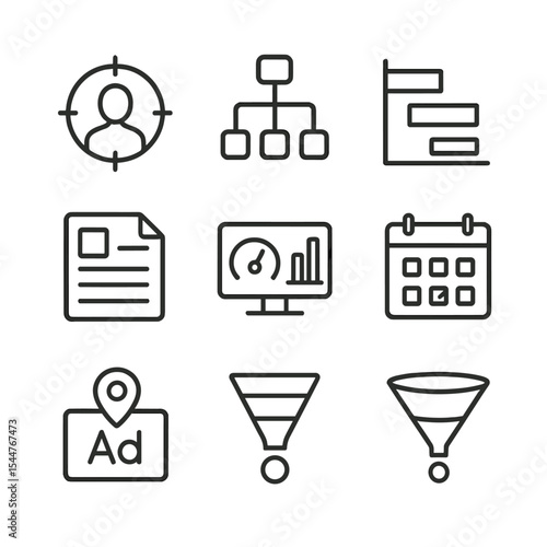 Marketing Icon Set. Outline icon set of marketing campaign schemes: target audience, channel map, timeline Gantt, budget chart,