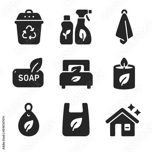 Eco-Friendly Home Icons. Solid, filled icons set of eco-friendly home products: compost bin, green cleaning, cloth towel, plant-based soap,