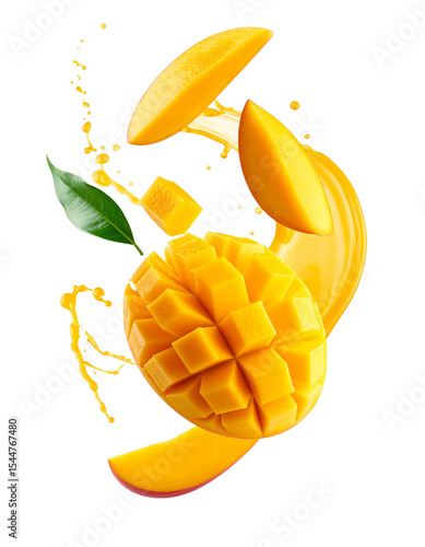 A perfectly cut mango, with slices and diced flesh, levitates in a dynamic splash of mango juice, accompanied by green leaves.