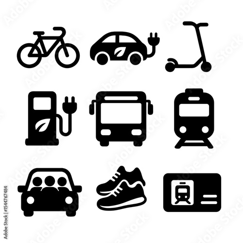 Eco-Friendly Transport Icons. Solid, filled icons set of eco-friendly transportation: bicycle, electric car,