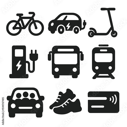 Eco-Friendly Transport Icons. Solid, filled icons set of eco-friendly transportation: bicycle, electric car,