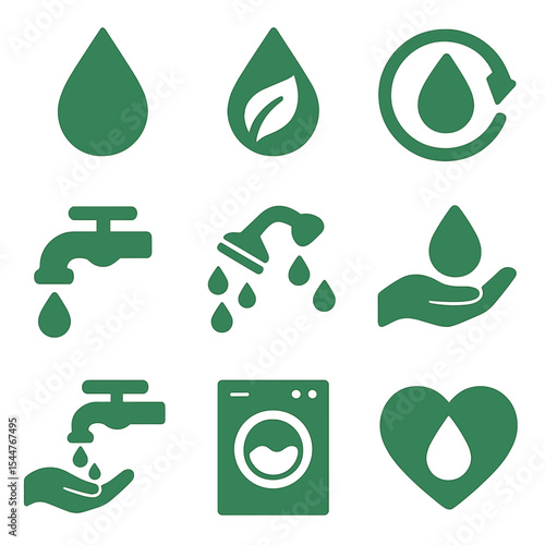 Eco-Friendly Water Icons. Solid, filled icons set of water conservation and efficiency: green water icon, leaf