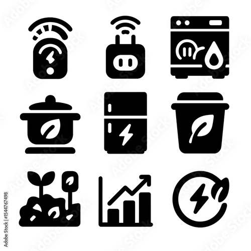 Eco-Smart Kitchen Icons. Solid, filled icons set of eco-friendly smart kitchen tech: energy meter, smart plug,