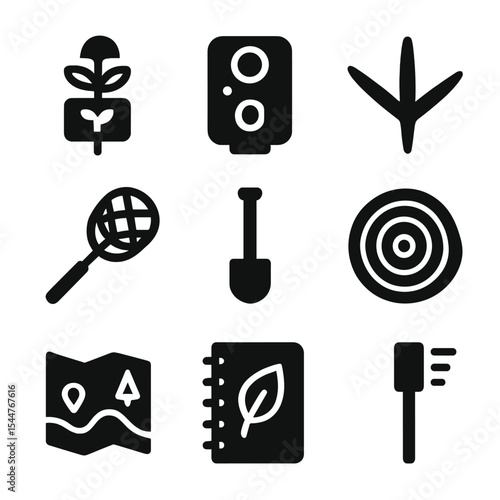 Ecological Monitoring Icons. Solid, filled icons set of ecological monitoring in reclaimed zones: plant tag,