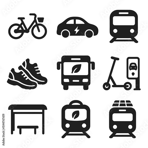 Eco-Transportation Icons Grid. Solid, filled icons set of eco-friendly commuting options: shared bicycle,