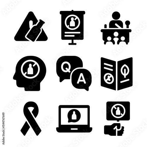 Educational Awareness Icons. Solid, filled icons set of educational awareness on substance use: warning symbol