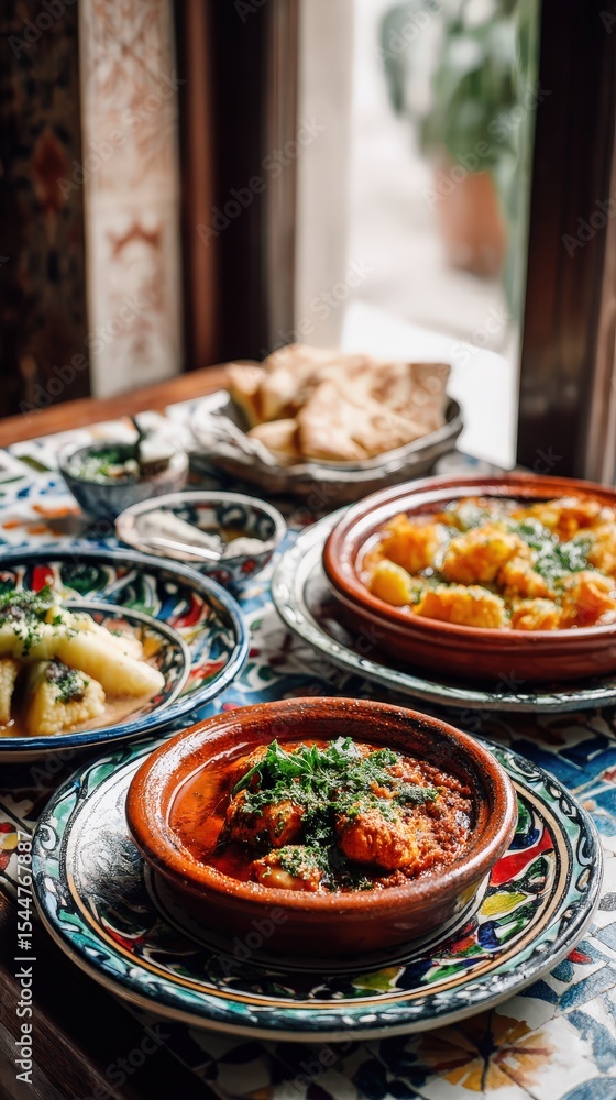 Fototapeta premium Traditional moroccan tajine dishes served on colorful ceramic plates
