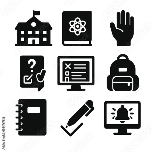 Educational Webinar Icons. Solid, filled icons set of educational webinars for students: school icon, subject