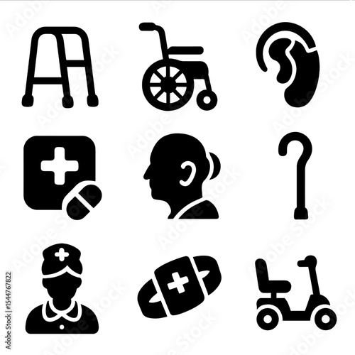 Elderly Care Icons. Solid, filled icons set of elderly care: walker, wheelchair, hearing aid, medication
