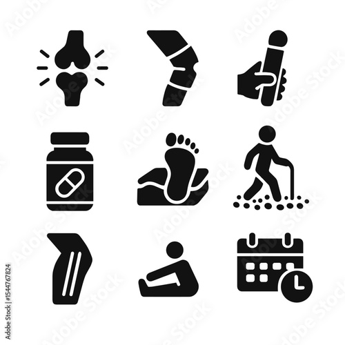 Elderly Joint Care Icons. Solid, filled icons set of elderly joint care: arthritis icon, joint support brace,