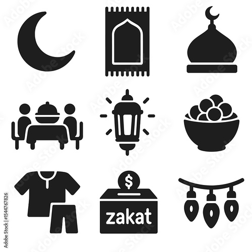 Eid Celebration Icons. Solid, filled icons set of Eid celebrations: crescent moon, prayer mat, mosque dome,