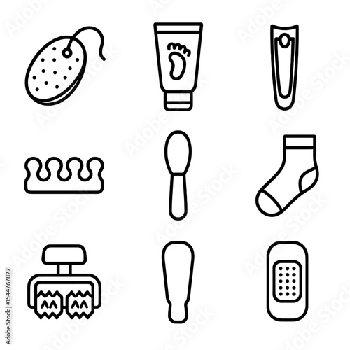 Foot Care Icons. Outline icon set of foot care items: pumice stone, foot scrub, moisturizer tube, nail clipper, toe separator,