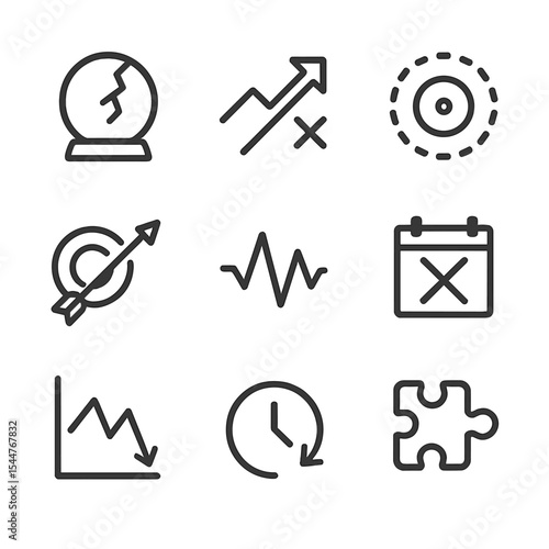 Forecast Error Icons. Outline icon set of forecasting and prediction errors: broken crystal ball, incorrect arrow, dashed target,