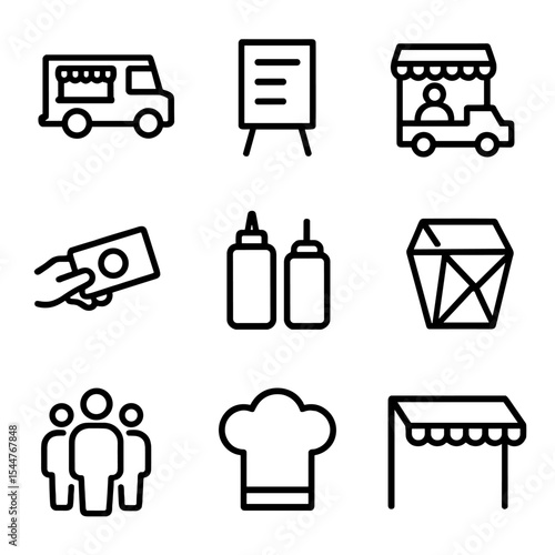 Food Truck Icons. Outline icon set of food trucks and vendors: food truck, menu board, serving window, cash payment, condiment