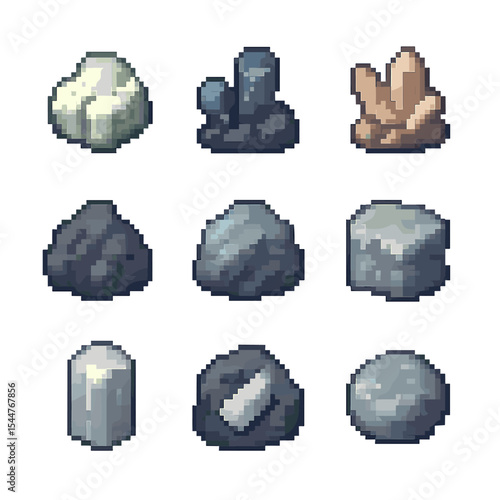 Mineral Pixel Art Grid. Pixel art icon set of mineral types: lithium, cobalt, rare earth element, tantalum, platinum, graphite,