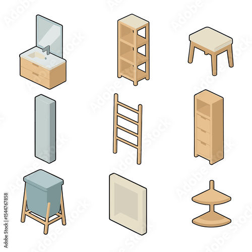 Minimalist Bathroom Icon Set. Isometric Flat icon set of minimalist bathroom furniture: floating vanity, open shelving unit, stool