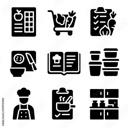 Efficient Meal Prep Icons. Solid, filled icons set of efficient meal prep for groups: meal plan, shopping cart, ingredient list, prepping station, recipe book, portion control,