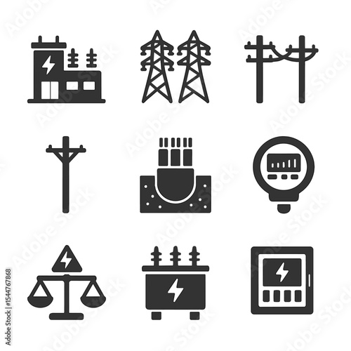 Electricity Network Icons. Solid, filled icons set of electricity distribution networks: substation, high