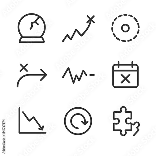 Forecast Error Icons. Outline icon set of forecasting and prediction errors: broken crystal ball, incorrect arrow, dashed target,