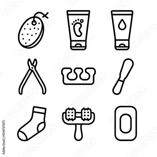 Foot Care Icons. Outline icon set of foot care items: pumice stone, foot scrub, moisturizer tube, nail clipper, toe separator,