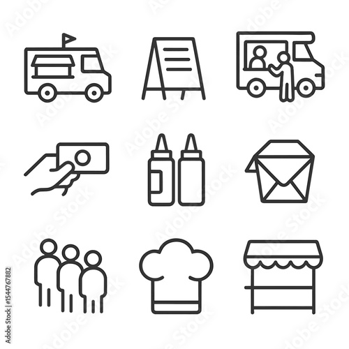Food Truck Icons. Outline icon set of food trucks and vendors: food truck, menu board, serving window, cash payment, condiment
