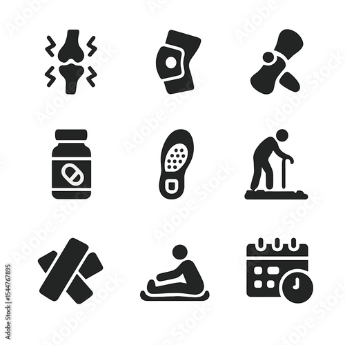 Elderly Joint Care Icons. Solid, filled icons set of elderly joint care: arthritis icon, joint support brace,