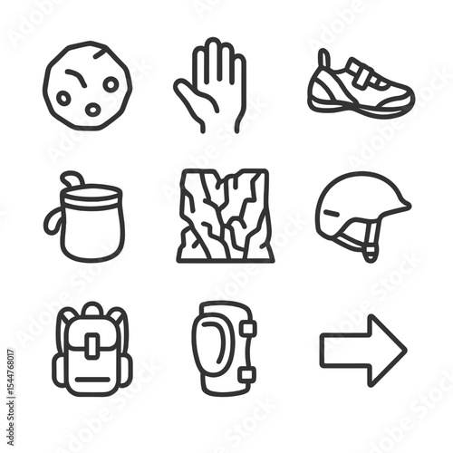 Canyon Climbing Icons. Outline icon set of rocky canyon scrambling: boulder, handhold, climbing shoe, chalk bag, rocky wall,