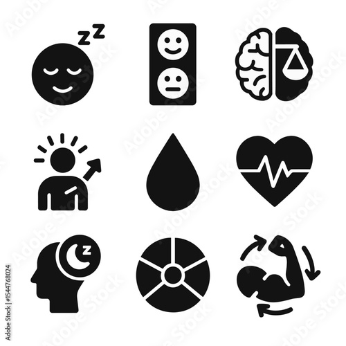 Emotional Balance Icons. Solid, filled icons set of sleep and emotional regulation: calm face, mood tracker,