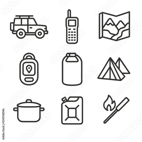Canyoning Expedition Icons. Outline icon set of remote canyoning expeditions: 4x4 vehicle, satellite phone, topographic map, GPS