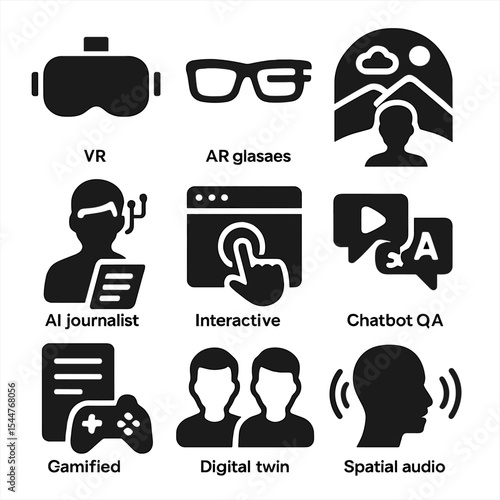 Emerging Journalism Icons. Solid, filled icons set of emerging journalism trends: VR headset, AR glasses,