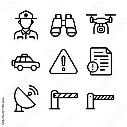 Monitoring Icon Set. Outline icon set of monitoring and enforcement: ranger patrol, binoculars, camera drone, alert beacon, patrol